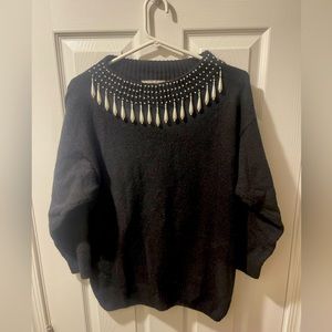 Anytime Glitz‎ 1980s Embellished Wool/Silk Black Sweater W Pearlized Beads Sz M